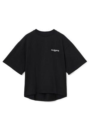 T-shirt nera oversize in cotone con maniche corte, caratterizzata da un collo rotondo e una stampa bianca del logo nell'area del petto sinistro.