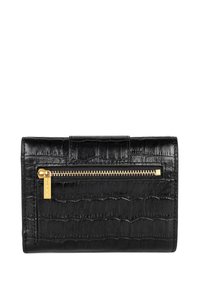 Black crocodile-embossed leather wallet with a gold-tone zip closure and a smooth texture. Features a flap and rectangular shape.