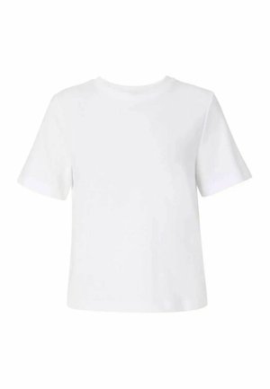 Schlichtes weißes T-Shirt mit kurzen Ärmeln, Rundhalsausschnitt und lockerem Sitz auf weißem Hintergrund.