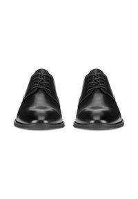 Black leather dress shoes featuring a sleek design, rounded toe, and five eyelets for laces, with a smooth, glossy finish.
