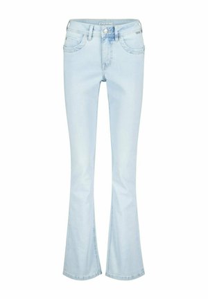 Lichtblauwe damesjeans van denim met een mid-rise taille, voorzakken, knoopsluiting en een lichte uitlopende pijp.