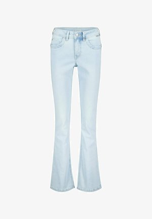 Lichtblauwe damesjeans van denim met een mid-rise taille, voorzakken, knoopsluiting en een lichte uitlopende pijp.