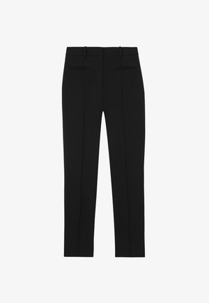 Pantaloni neri su misura con tasche laterali e posteriori, caratterizzati da un design a gamba dritta e una texture liscia. Nessun motivo o accento visibile.