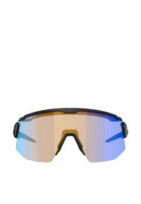 Occhiali sportivi da sole con montatura nera, grandi lenti specchiate che sfumano dall'ambra al blu, e design angolare per una migliore visibilità.