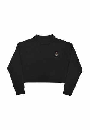 Maglione nero corto con collo alto a costine, polsini e orlo a costine, con un piccolo logo dorato sul petto. Texture lavorata a maglia, maniche lunghe.