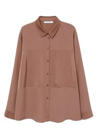Brązowa koszula z długim rękawem, z kołnierzykiem, z zapięciem na guziki oraz kontrastowymi panelami materiału. Gładka tekstura z zaokrąglonym dołem.