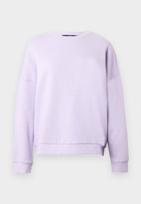 Sweat-shirt uni violet clair à col rond, manches longues, poignets et ourlet côtelés sur fond clair.