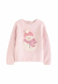 Helles rosa, flauschiges Sweatshirt mit einem Schneemann-Design, der einen pinken Hut, einen pinken Schal und schwarze Knopfakzente trägt. Weiche Textur, runder Ausschnitt.