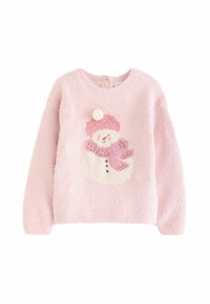Helles rosa, flauschiges Sweatshirt mit einem Schneemann-Design, der einen pinken Hut, einen pinken Schal und schwarze Knopfakzente trägt. Weiche Textur, runder Ausschnitt.