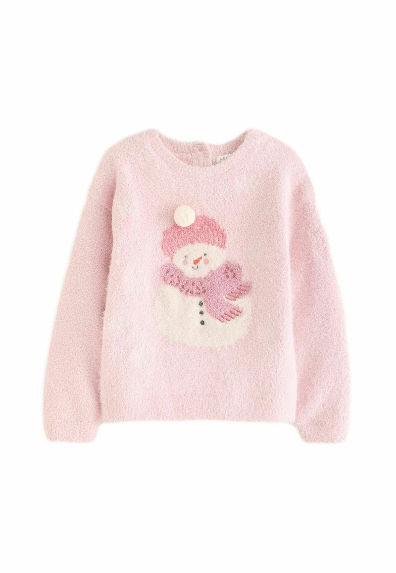 Helles rosa, flauschiges Sweatshirt mit einem Schneemann-Design, der einen pinken Hut, einen pinken Schal und schwarze Knopfakzente trägt. Weiche Textur, runder Ausschnitt.