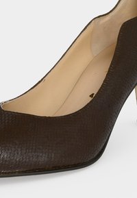 Chaussure à talon haut en cuir texturé marron foncé avec bout pointu et doublure intérieure beige sur fond blanc.