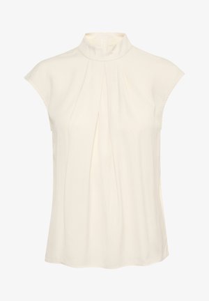 Mouwloze blouse in crème met een hoge halslijn, voorzien van plooien aan de voorkant, een gladde textuur en een ontspannen pasvorm.