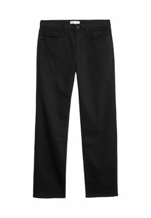 Black denim jeans featuring a straight-leg design, front pockets, a button closure, and subtle stitching details.