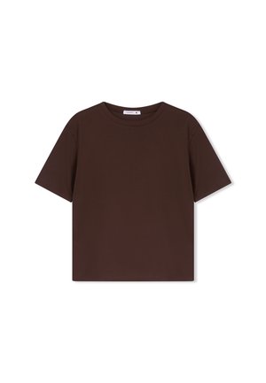 T-shirt marrone a maniche corte realizzato in cotone, con scollatura rotonda, vestibilità comoda e texture liscia. Nessun motivo o dettaglio visibile.