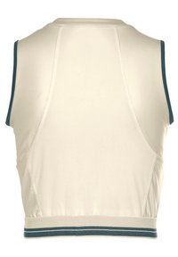 Beige Sport-BH mit glatter Textur, ärmellosem Design, Rundhalsausschnitt und türkisfarbenen Akzenten entlang des Halsausschnitts und Saums.