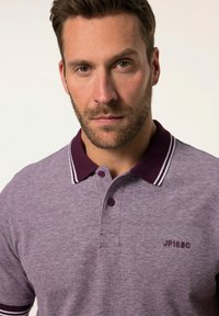 Polo tričko s límečkem v hezkém fialovém odstínu s kontrastním vínovým límečkem a pruhovanými akcenty, s logem na levé hrudi.
