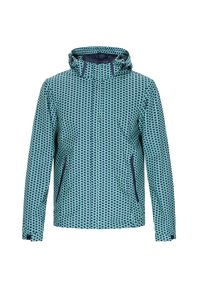 Jachetă rezistentă la apă, cu un model geometric în nuanțe de turcoaz și navy, glugă ajustabilă și buzunare laterale cu fermoar. Textură netedă.