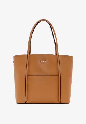 Sac fourre-tout en cuir tan avec deux longues poignées, une forme élégante et une poche à l'avant. Présente un logo discret à l'avant et des coutures contrastées.