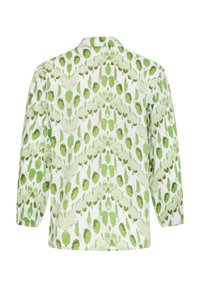 Long-sleeve shirt featuring a green and white leaf pattern, made from lightweight fabric with a collar and relaxed fit.