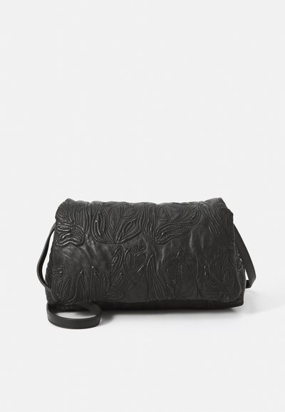 Black leather bag with floral embossed design, rectangular shape, detachable strap, and textured finish. Suitable for casual use.