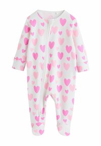 Białe body niemowlęce z długim rękawem w różowy wzór serduszek, wyposażone w zamek błyskawiczny z przodu i prążkowaną fakturę.