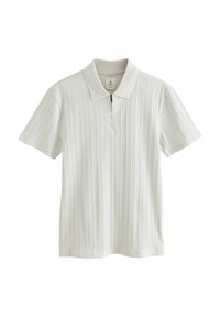 Short-sleeve polo shirt in light gray with vertical ribbing, zip collar, and a soft texture. Simple design with minimal detailing.