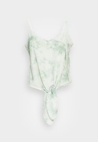 Top em tie-dye verde claro, feito de tecido macio, com alças finas, decote em V e um detalhe de nó na parte frontal da bainha.