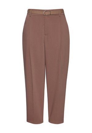 High-waist brown tailored trousers with front pleats and a matching slim belt featuring a small silver buckle.