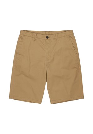 Khaki cotton shorts featuring a flat front, two side pockets, a button closure, and a straight leg design. No patterns or accents.