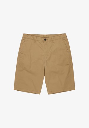 Khaki cotton shorts featuring a flat front, two side pockets, a button closure, and a straight leg design. No patterns or accents.