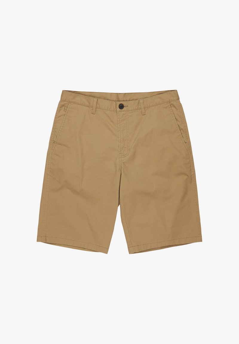 Bermuda khaki in cotone con fronte piatto, due tasche laterali, chiusura a bottone e gamba dritta. Senza fantasie né accenti.