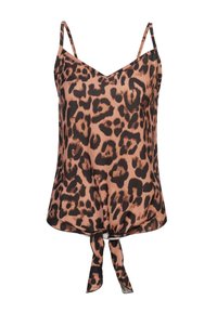 Top in stampa leopardata con spalline sottili, scollatura a V e dettaglio a nodo sull'orlo. Realizzato in un tessuto liscio nei toni della terra.