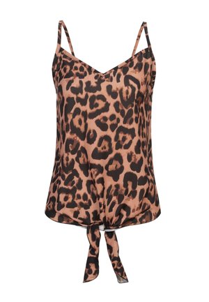 Leopardprint camisole med tynde stropper, en V-udskæring og en bund med knude-detalje. Lavet af glat stof i jordnære nuancer.