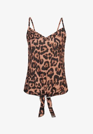 Camisole à imprimé léopard avec des fines bretelles, un décolleté en V et un détail de nœud noué à l'ourlet. Fabriquée en tissu lisse dans des tons terreux.