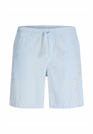 Pantalones cortos con rayas verticales en azul claro y blanco, con cintura elástica y cierre delantero con cordón.