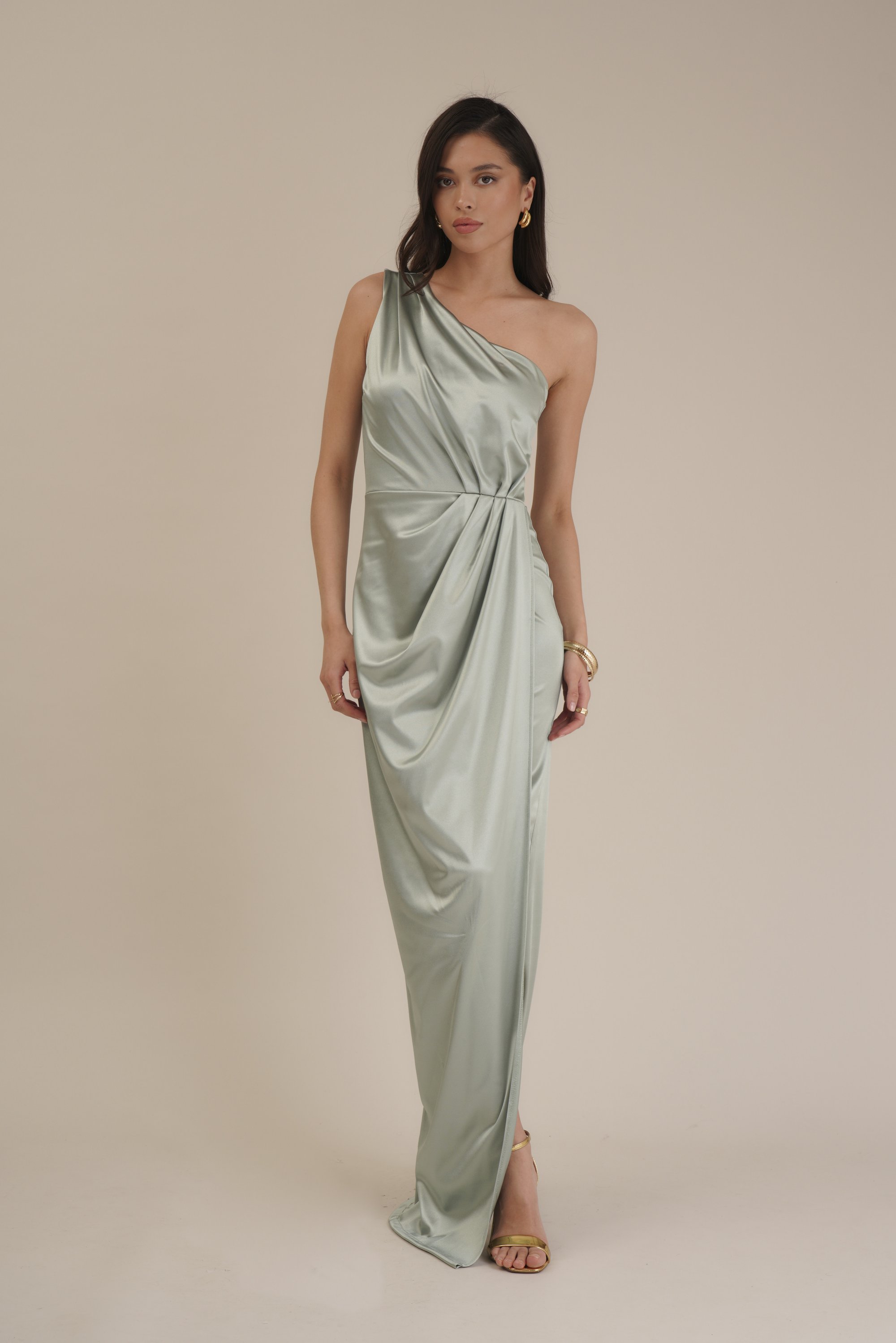red dress with green accessories Mint Green One Shoulder Bridesmaid Dresses Maxi Long Wedding Party Dre main image 0