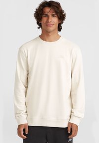 Crème lange mouwen sweatshirt met een ronde hals en ribgebreide manchetten, met een subtiele logo in lichte borduursel op de borst.