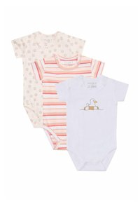 Set di tre body per neonati: uno con motivo floreale rosa, uno a righe rosa e bianche, e uno bianco con una grafica di un'anatra; tessuto di cotone morbido.