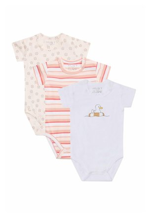 Set von drei Baby-Bodys: einer mit pinken Blumen, einer mit pink-weiß gestreift und einer in Weiß mit einem Enten-Graphic; aus weichem Baumwollstoff.