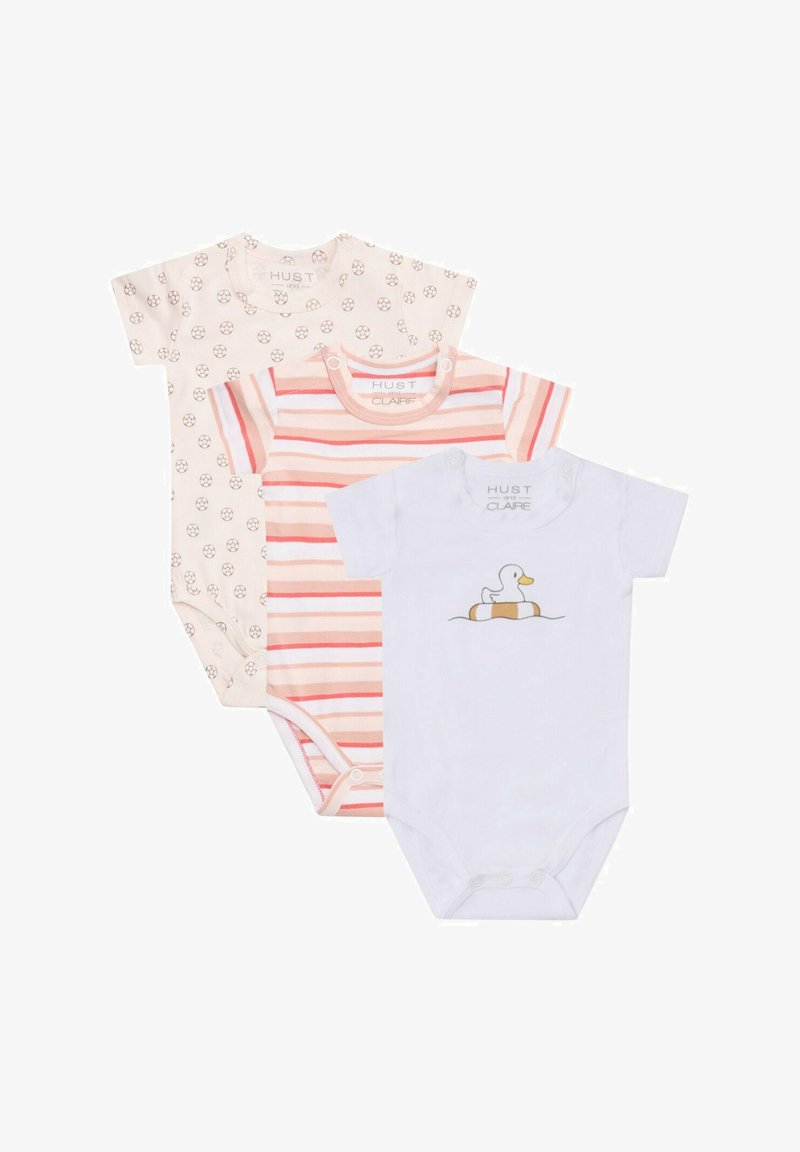 Set di tre body per neonati: uno con motivo floreale rosa, uno a righe rosa e bianche, e uno bianco con una grafica di un'anatra; tessuto di cotone morbido.