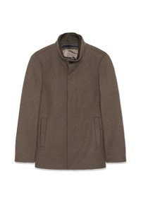Abrigo de lana marrón con un cuello alto, dos bolsillos laterales y un forro interior liso. Diseño simple sin botones visibles ni patrones.