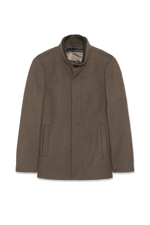 Manteau en laine marron avec un col haut, deux poches latérales et une doublure intérieure lisse. Design simple sans boutons visibles ni motifs.