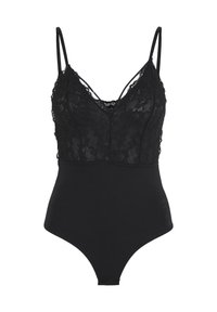 Černý krajkový bodysuit s nastavitelnými špagetovými ramínky, hlubokým výstřihem a přiléhavým dolním dílem s hladkou texturou.