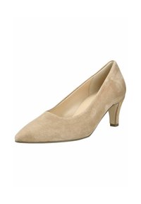 Escarpin beige en daim pour femme avec bout pointu et talon effilé modérément haut.