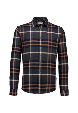 Long-sleeve plaid shirt in navy, brown, and white. Features a button-down collar and buttons on the front, with a soft, textured fabric.