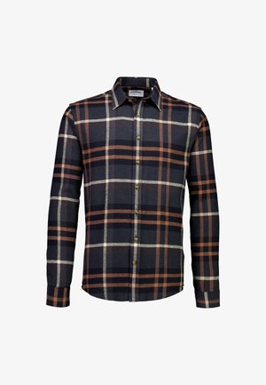 Hemd mit langen Ärmeln im Schottenkaromuster in Marineblau, Braun und Weiß. Verfügt über einen Button-Down-Kragen und eine Knopfleiste auf der Vorderseite, aus einem weichen, strukturierten Stoff.