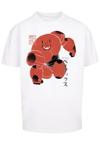 White t-shirt featuring a large graphic design of a red, cartoonish robot with black accents and Japanese text on the front.