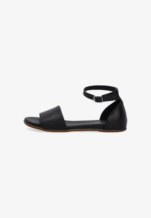 Zwarte platte sandalen met een minimalistisch ontwerp. Voorzien van een enkelbandje, open teen en glad leer. Rubberen zool met een lichte textuur.