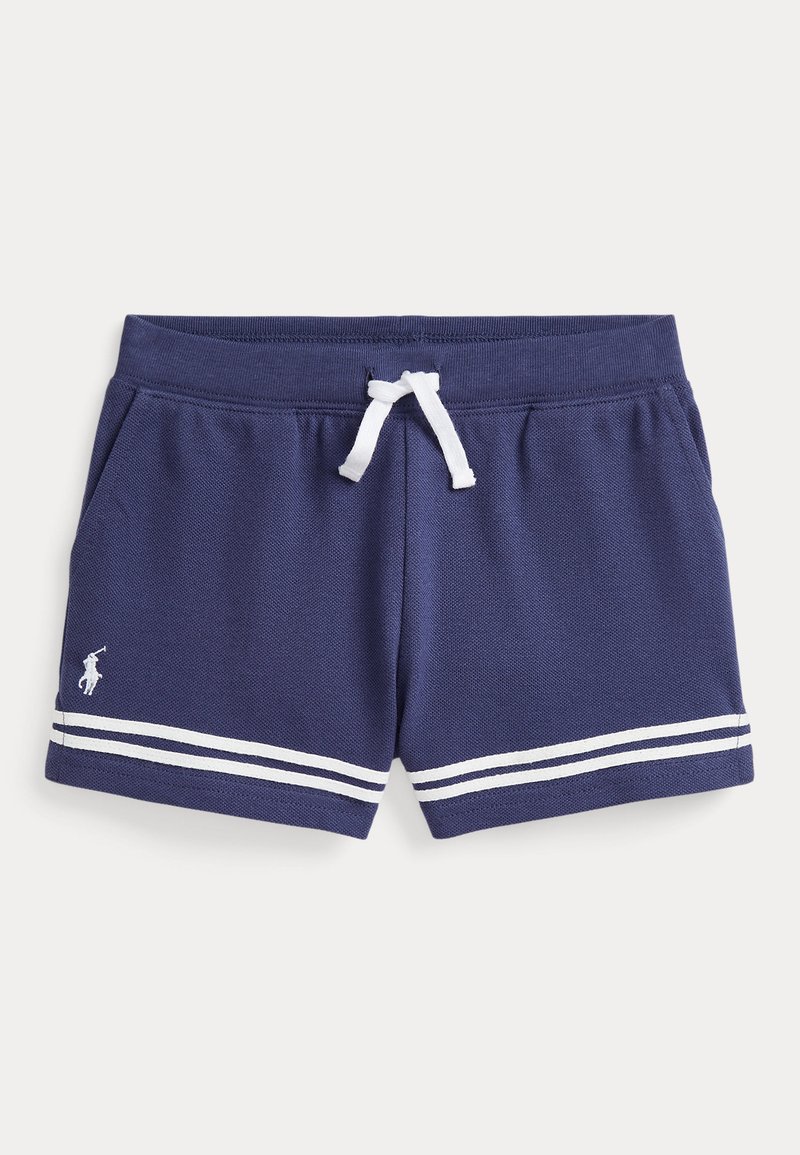 Marineblaue Baumwollshorts mit weißem Kordelzug, ausgestattet mit einem kleinen Logo und zwei weißen horizontalen Streifen am Saum.