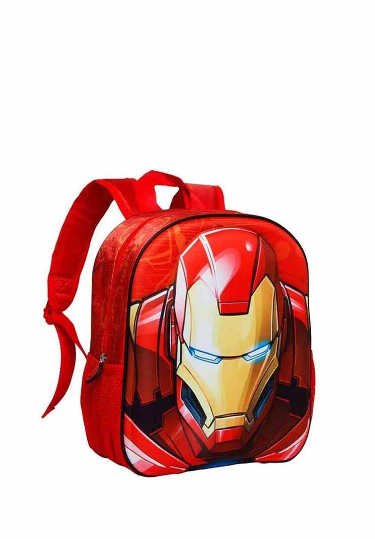 Mochila roja con un gran gráfico de Iron Man. Hecha de material sintético, cuenta con correas ajustables y un asa superior para llevar.